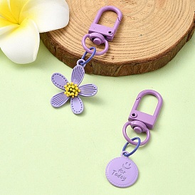 Подвесные украшения из сплава, окрашенные распылением, с застежками из сплава с поворотными карабинами, цветок и плоский круг