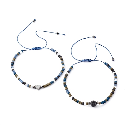Adjustable Natural Lava Rock Beads Nylon Thread Braided Bead Bracelets Set, with Faceted Glass Beads, Brass Beads, Heart