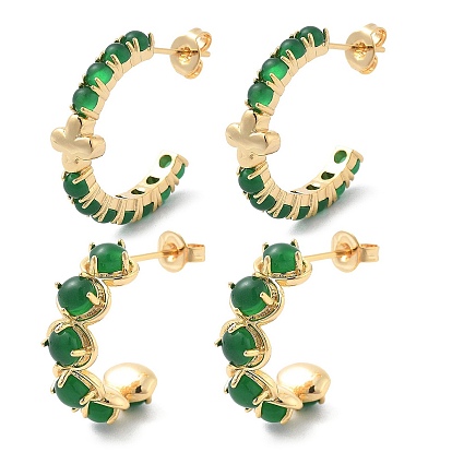 Серьги-гвоздики из латуни и зеленого стекла, c-образный