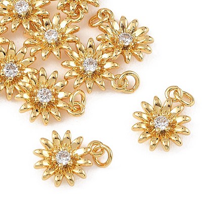 SHEGRACE Brass Micro Pave Clear Cubic Zirconia Pendants, Cadmium Free & Nickel Free & Lead Free, Flower Charms