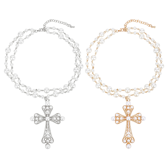 2Pcs 2 Styles Iron & Alloy Cross Big Pendant Plastic Pearl Link Chain Double Layered Necklaces, White