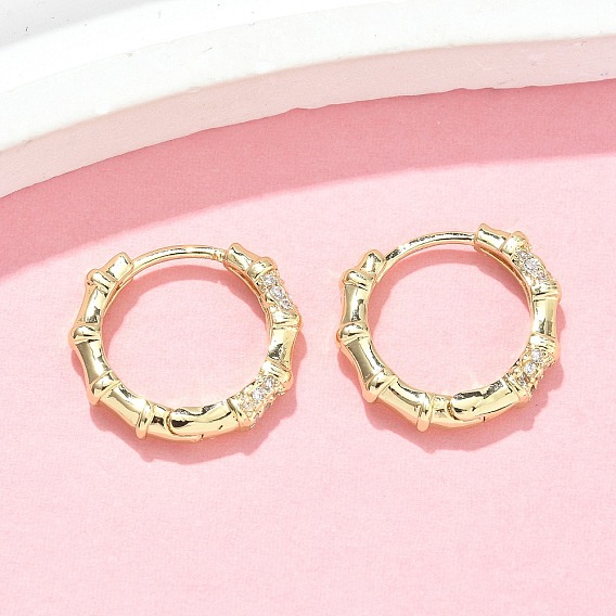 Серьги-кольца из бамбуковой латуни с микропаве из прозрачных кубических цирконий, стойки покрытие, долговечный, без кадмия и без свинца