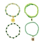 4Pcs 4 Style Natural & Synthetic Mixed Gemstone & Glass Beaded Stretch Bracelets Set, Alloy Enamel Clover & Cup Charms Stackable Bracelets for Women