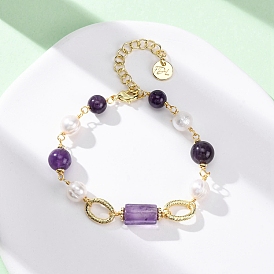 Браслеты из натуральных аметистов и жемчужин с круглыми бусинами для женщин, с латунным