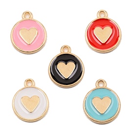 Alloy Enamel Charms, Light Gold, Flat Round with Heart