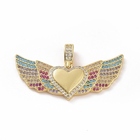 Brass Micro Pave Clear Cubic Zirconia Pendants, Heart with Wing