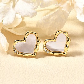 Серьги-пусеты из латуни с микропаве и прозрачным фианитом, с оболочкой, долговечный, без свинца и без кадмия, сердце