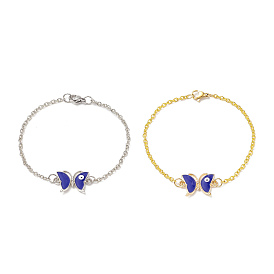 2Pcs 2 Color Alloy Butterfly with Evil Eye Link Bracelets Set wtih Enamel, Iron Jewelry for Women