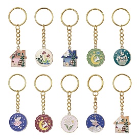 Water Plant Elf Series Alloy Enamel Pendant Keychains, with Iron Keychain Ring, Mixed Shapes