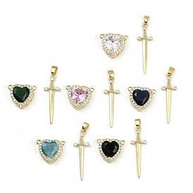 Комплекты подвесок из латунного микропаве из кубического циркония, подвески меч и сердце, со стеклом, долговечный, без кадмия и без свинца, стойки покрытие