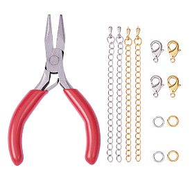DIY Jewelry Findings, with Brass End with Extender Chains and Teardrop Charms, Brass Lobster Claw Clasps and Jump Rings, Lead Free & Cadmium Free, Carbon Steel Flat Nose Pliers