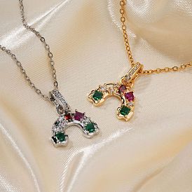 Simple Cute Style Rainbow Shape Brass Coloful Cubic Zirconia Pendant Necklace with Cable Chain for Women Girl