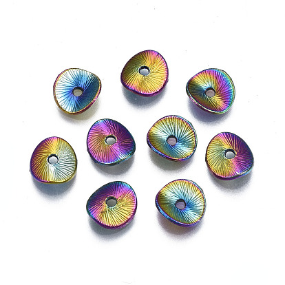 Rack Plating Rainbow Color Alloy Beads, Cadmium Free & Nickel Free & Lead Free, Textured, Curved Flat Round
