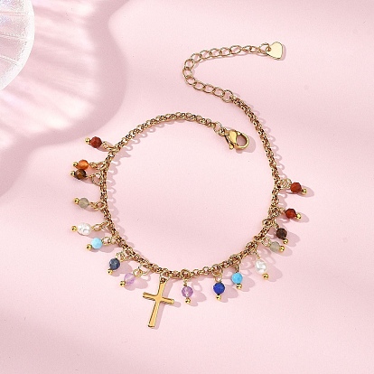Браслеты с подвесками из натуральных смешанных драгоценных камней и бусин из нержавеющей стали, 304 браслеты из нержавеющей стали с цепочками Rolo для женщин, крестик