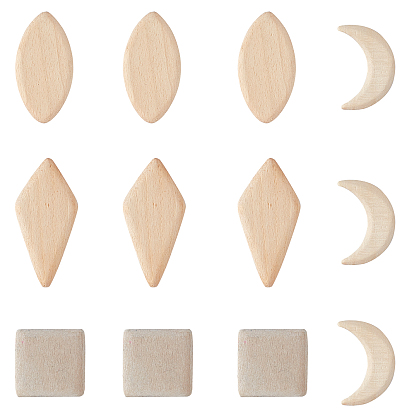 Undyed Natural Beech Wood Beads, Unfinished Wood, Half Drilled, with Pendants, Mixed Shapes