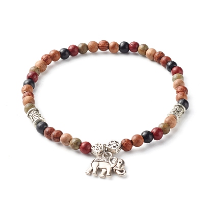 Natural Wood Beads Stretch Bracelets, with Tibetan Style Alloy Beads and Elephant Pendant