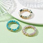 3 Set 3 Style Natural Mixed Gemstone & Brass Round Beaded Stretch Rings Set, Stackable Rings