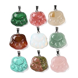 Mixed Gemstone Pendants, Cat Paw Print Charms with Stainless Steel Color Plated Stainless Steel Snap on Bails