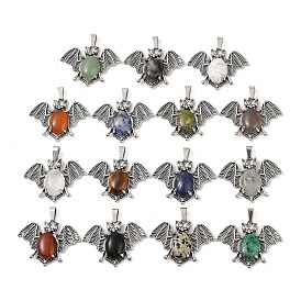 Gemstone Pendants, with Antique Silver Tone Alloy Findings, Bat Charms