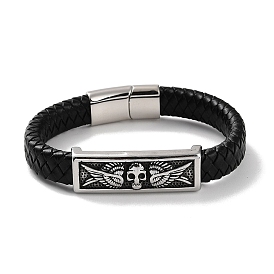 Men's Braided Black PU Leather Cord Bracelets, Rectangle with Skull Wing 304 Stainless Steel Link Bracelets with Magnetic Clasps