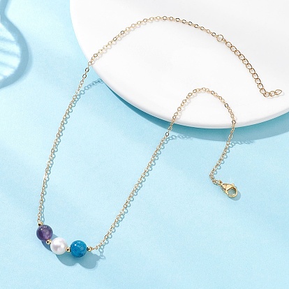 Ожерелья с круглыми бусинами из натурального культивированного пресноводного жемчуга, натурального аметиста и апатита, латунные, с цепочкой для женщин