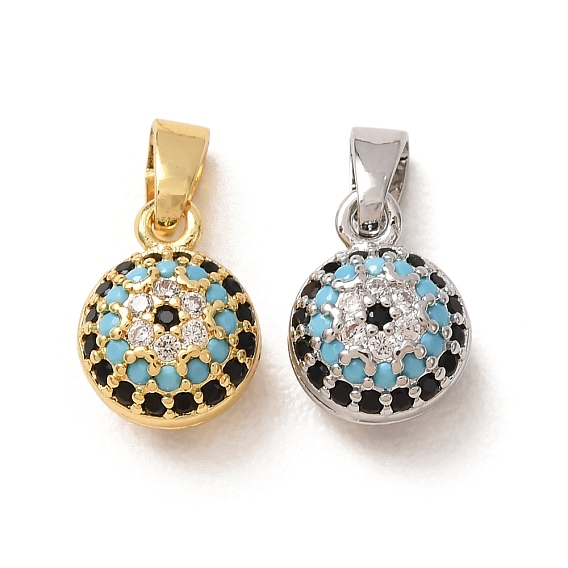 Brass Micro Pave Colorful Cubic Zirconia Charms, Flat Round Charms