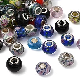 Rondelle смешанный стиль ручной работы Lampwork крупных европейских шарики отверстия, с латунными сердечниками с серебряным покрытием, 14x9~10 мм, отверстие : 5 мм