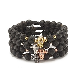 Braided Nylon Thread Lava Rock Beaded Bracelet, with Brass Micro Pave Cubic Zirconia Beads and Natural Lava Rock Round Beads, for Men Women