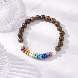 Браслеты из натурального дерева венге, лавового камня и ракушек с бусинами и жемчугом для женщин, круглый и плоский круглый