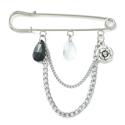 Faceted Teardrop & Alloy Flower Charm Safety Pin Brooch, with 304 Stainless Steel Twist Chains
