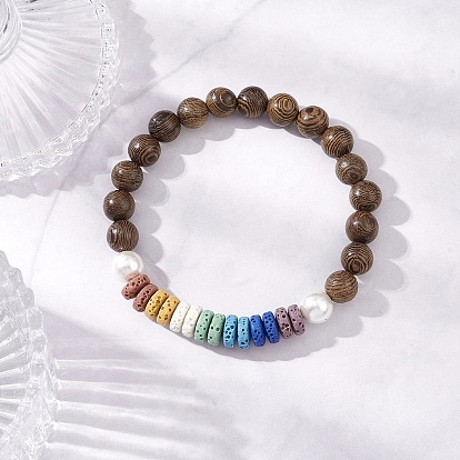 Браслеты из натурального дерева венге, лавового камня и ракушек с бусинами и жемчугом для женщин, круглый и плоский круглый