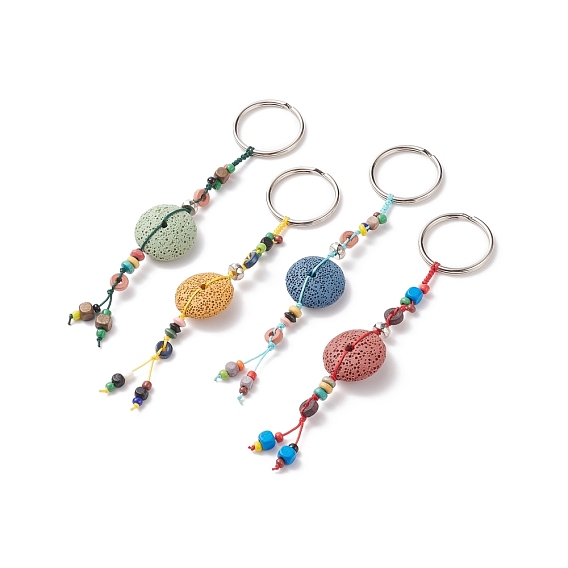 Flat Round Natural Lava Rock Beads Keychain, with Iron Ring and Alloy Findings, 150mm