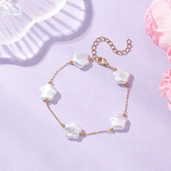 Браслеты из бусин с имитацией жемчуга ABS, 304 цепочки из нержавеющей стали для женщин, цветок