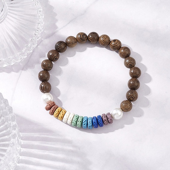 Браслеты из натурального дерева венге, лавового камня и ракушек с бусинами и жемчугом для женщин, круглый и плоский круглый