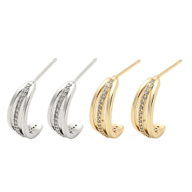 Brass with Clear Cubic Zirconia Stud Earrings, Crescent Moon