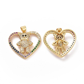 Brass Micro Pave Colorful Cubic Zirconia Pendants, Heart with Bear Charms