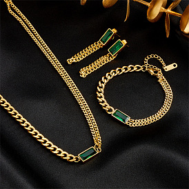 Luxury Gold-Tone Titanium Steel Chain Diamond Rectangle Green Gemstone Jewelry Set