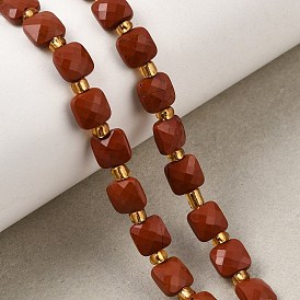 Natural Red Jasper Beads Strands, Faceted Square, with Seed Beads