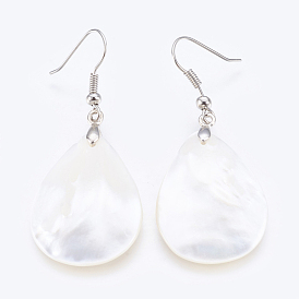 White Shell Dangle Earrings, with Brass Findings, Drop, Platinum