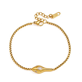 304 Pulseras de acero inoxidable con circonitas cúbicas transparentes y eslabones tipo caja con forma de cabeza de serpiente para mujer