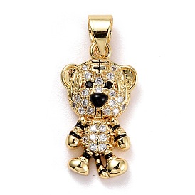 Brass Micro Pave Clear Cubic Zirconia Pendants, with Enamel, Long-Lasting Plated, Lead Free & Cadmium Free, Tiger