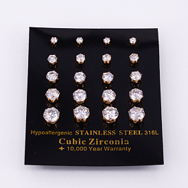 304 Stainless Steel Cubic Zirconia Stud Earrings, 3~7mm, Pin: 0.8mm, 10pairs/card