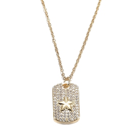 Brass Micro Pave Clear Cubic Zirconia Pendant Necklaces, with 304 Stainless Steel Cable Chains, Rectangle with Star