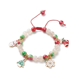 Christmas Tree & Snowflake & Snowman Charm Bracelet, Round Moonstone & Resin Braided Adjustable Bracelet for Women