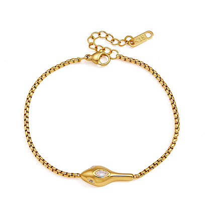 304 Pulseras de acero inoxidable con circonitas cúbicas transparentes y eslabones tipo caja con forma de cabeza de serpiente para mujer