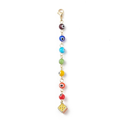 7 Chakra Handmade Lampwork Evil Eye Beaded Pendant Decorations, with Alloy Enamel Dice and 304 Stainless Steel Lobster Claw Clasps