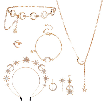 8 комплекты ювелирных изделий из сплава стилей, включая ожерелья, браслеты, кольца, серьги, цепочки, ремни и аксессуары для волос