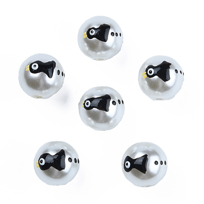 ABS Plastic Imitation Pearl Beads, with Enamel, Round with Bird