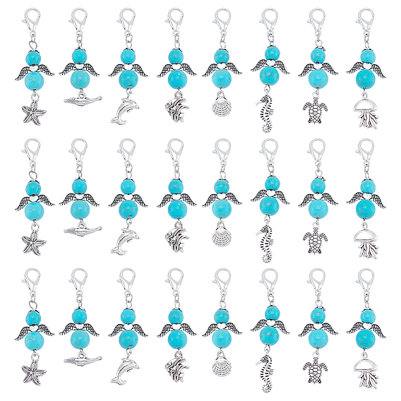 24шт 8 стили сплав и синтетическая бирюза бусины подвески украшения, Сплав с застежками когтя омара, ангел