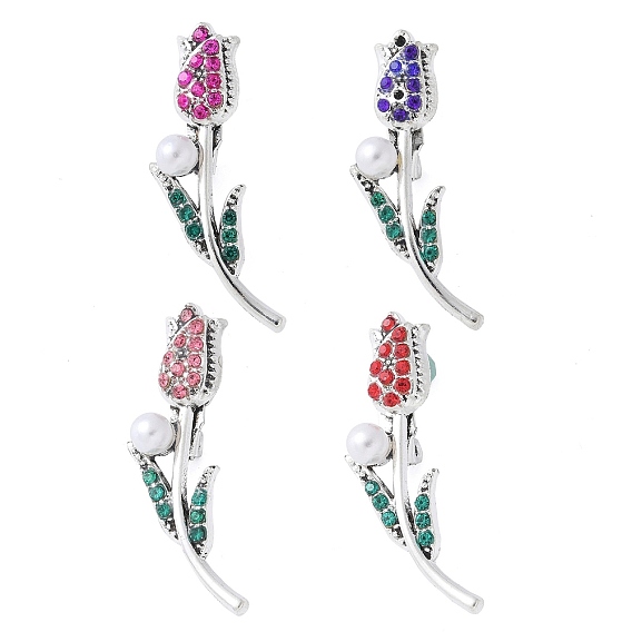 Броши сплав горный хрусталь, с пластиковыми бусинами из искусственного жемчуга, цветок розы, античное серебро